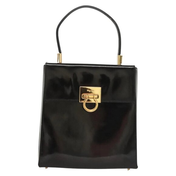 Salvatore Ferragamo Gancini Hand Bag Patent leather 2way Black Gold Auth - Picture 2 of 16